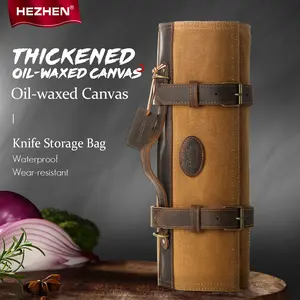 12 Knife Pockets + 2 Zipper Bags! HEZHEN Canvas Knife Roll Bag Knifeholder Vintage Industrial Style Protective Flap & 16oz Oil Wax Canvas, 12 Uniform Knife Slots + 2 Storage Pockets, Essential for Chefs & Kitchen Enthusiasts!