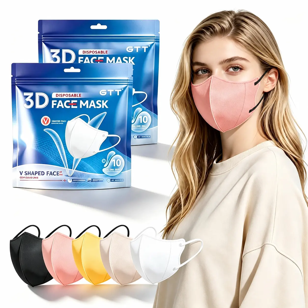 GTT 3D Stereo Macaron Pastel Disposable Face Masks, 10 Count Pack, 3-Ply Breathable V-Line Slimming Mask with Soft Stretch Elastic Ear Loops, Fashion Colored Protective Masks for Daily, Salon & Office Use