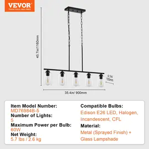 VEVOR 5-Light Kitchen Island Pendant Lights, 60W, Adjustable Dining Room Light Fixture with Clear Glass Lampshade 4 Rods 2 Metal Chains, Metal Frame Farmhouse Linear Chandeliers for Dining Room, E26