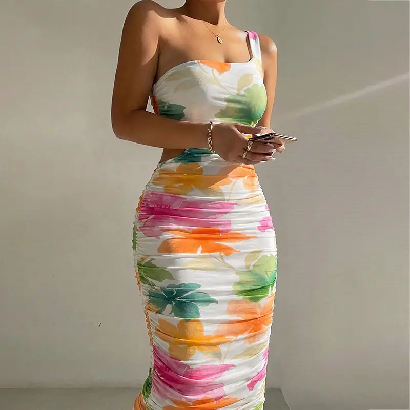 CHICME Women's One Shoulder Watercolor Floral Mesh Mid-length Dress Cut Out Ruched Bodycon Vacation Dress