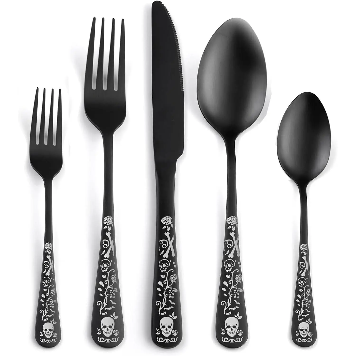 20 Piece Skull Pattern Matte Silverware Set for 4, Black Flatware set Service for 4,Gothic Unique Skull Pattern Design,18/0 Stainless,Satin Finish Cutlery for 4,Dishwasher Safe
