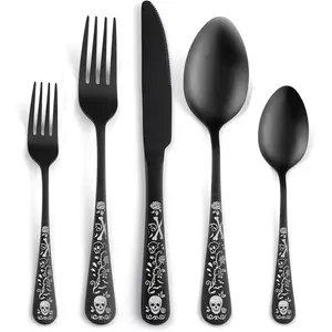 20 Piece Skull Pattern Matte Silverware Set for 4, Black Flatware set Service for 4,Gothic Unique Skull Pattern Design,18/0 Stainless,Satin Finish Cutlery for 4,Dishwasher Safe