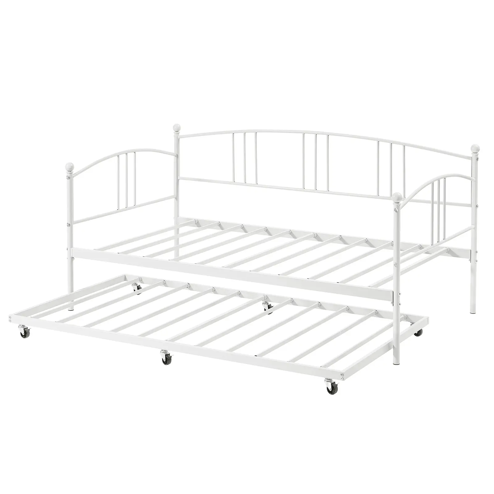 Gaomon Single White Sturdy Platform Bed with Twin Metal Frame, Arched Headboard, Clean Lines, Steel Slat Support, Pull-Out Trundle, Quick-Setup Multi-Use Sofabed, Space-Saving for Guest Room, Assembly Required