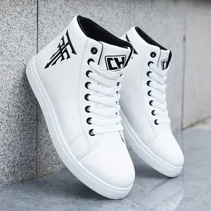 Men's Classic White Mid-Top Lace-Up Cloth Skateboard Trainers - Solid Color, Round Toe, PVC Fabric, All-Seasons Closed Sneakers, Sports/Athletic/Walking Shoes for Casual Wear (LB911376)