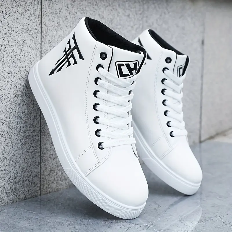 Men's Closed Solid White Mid-Top PU Athletic Skateboard Sneakers - Lace-Up Casual Training Walking Footwear for All-Season Everyday Wear, Walking Shoes, Sports Shoes, Skater Style, Synthetic, Round Toe Cap, All Seasons, Lace-Up Fit, Casual Walk