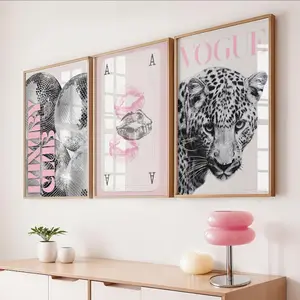 Pink Leopard Wall Art Set Black and White Gallery 3 Trendy Stylish Prints Decor Office Girly Wall Art Magazine