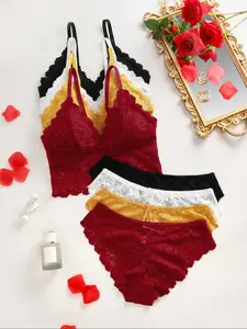 4 Sets Floral Lace Women's Lingerie Set, Sexy Slim-Fit Bralettes, Full Coverage Support, Thin Fabric, Lightweight, All Seasons Wear, Underwear Set