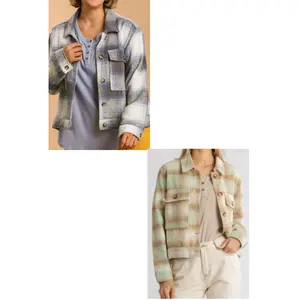 Kara - Brushed twill plaid collar button down cropped jacket with front pockets