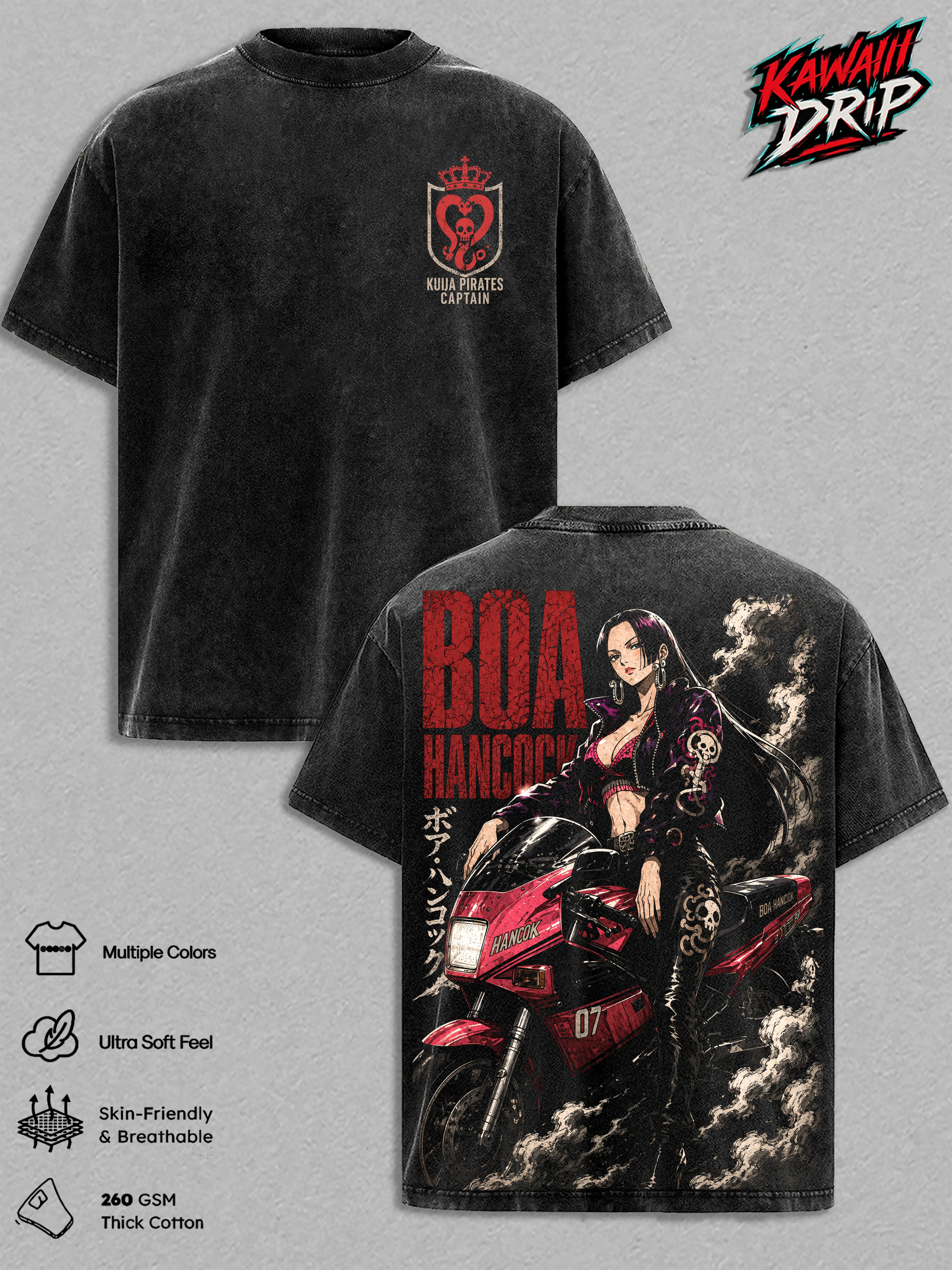 Boa Hancock Vintage Washed Anime T-Shirt – Biker Streetwear Graphic Tee, Kuja Pirates Captain Motorcycle Aesthetic Heavy Cotton Oversized Unisex Shirt, One Piecee Fashion Gift for Men & Women