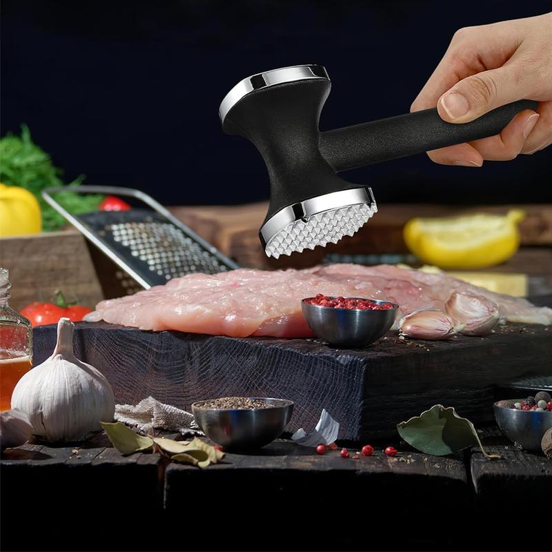 Meat Tenderizer Tool Dual Sided Meat Hammer Tenderizer with Comfort Grip Handle Heavy Duty Manual Hammer Mallet Tool for Steak Chicken Fish Garlic Vegetable or Any Meat Black Silver