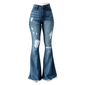 Shapum WEEKEND VIBES Mid-low Rise Stretch Ripped Jeans Regular Wide Leg Boot Cut Flare Mid Blue GP3003M Womenswear Bottom Maxi Streetwear Trouser Denim Pants Zipper