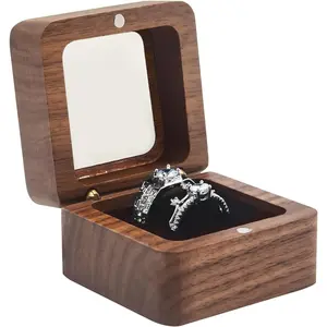 Wooden Ring Box for Wedding Ceremony 2 Slots,Small Square Solid  Double Ring Holder Case Box, Ring Bearer Box for Engagement Proposal,Rustic   Storage Box-Window Black