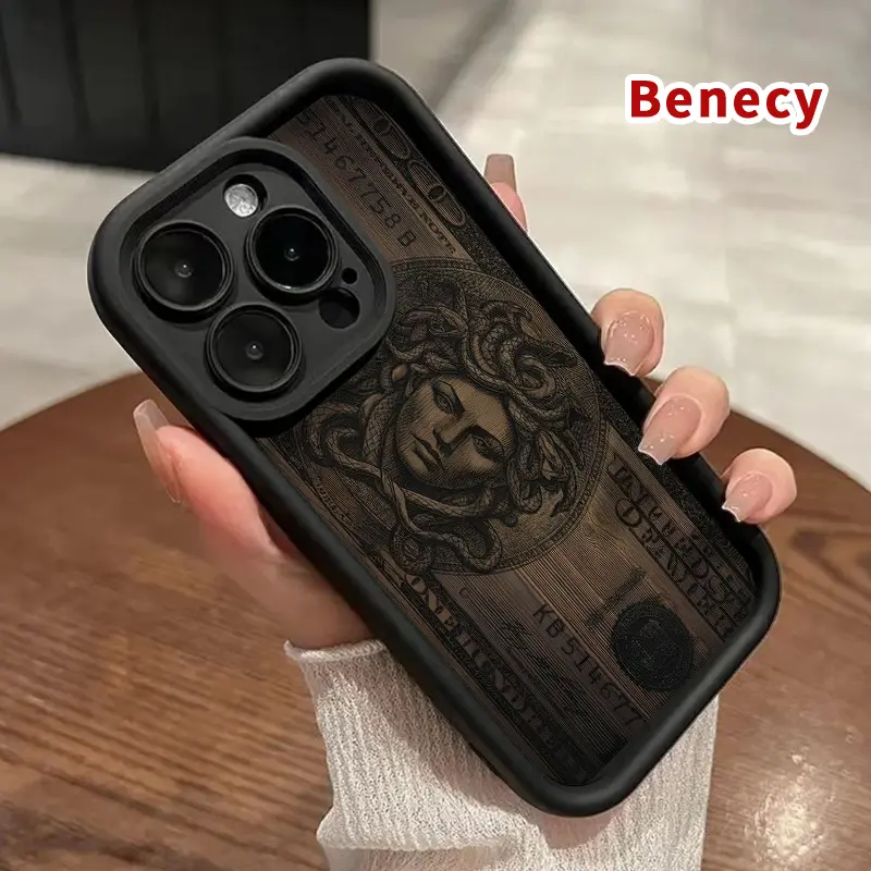 Money Medusa Wood Pattern TPU Phone Case for iPhone 17 Pro Max 16 15 14 Plus 13 12 Mini 11 XR X XS Air E Shockproof Full Camera Protection Durable Slim Silicone Cover Smartphone Casing