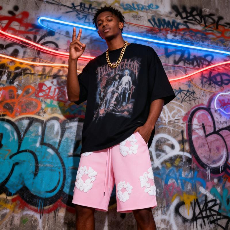 Denim Tears Kapok Foam Print Men's & Women's Short Sleeve Top, American High Street Loose Shorts | Brand New 3D Cotton Wreath Print Shorts | Floral Pattern Drawstring High-Waist Casual Pocket Shorts