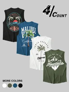 Men's 4-piece Hawaiian Tank Top, Sleeveless Tank Tops, Coconut Tree and Beach Pattern Screen Printed, Loose Sleeveless, All Day Comfort, Ideal for Beach Vacation, Casual Wear, Durable Tropical Printed for Vacation and Summer Style