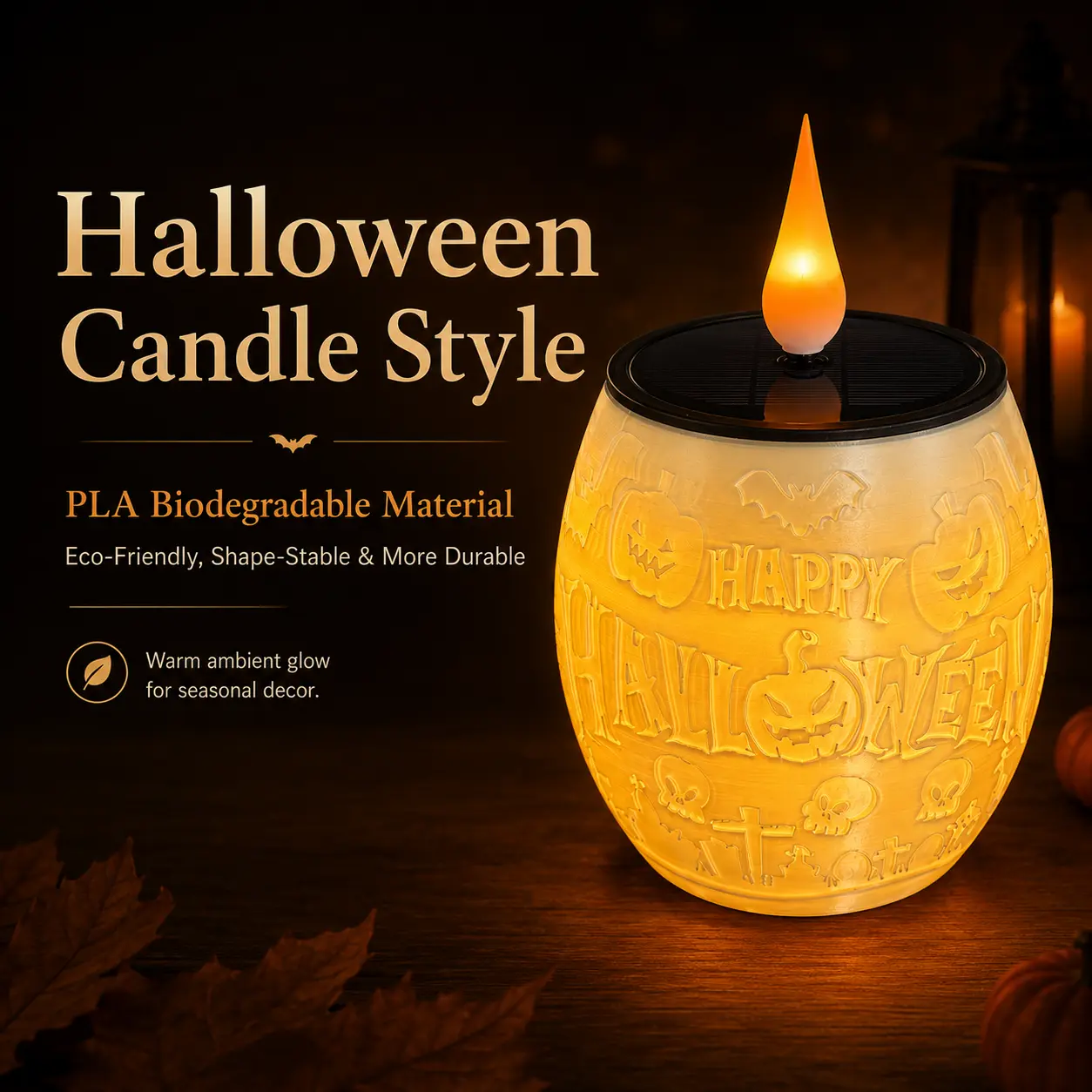 CXTVOVZSSY Halloween Solar-Powered Flame Table Lamp, 3D Embossed Pumpkin Bat Skull Decor Light, Dual Rechargeable (Solar & Type-C USB) LED Candle Lamp with Auto Dusk-to-Dawn Sensor, Ideal for Indoor Outdoor Fall Decor & Gift