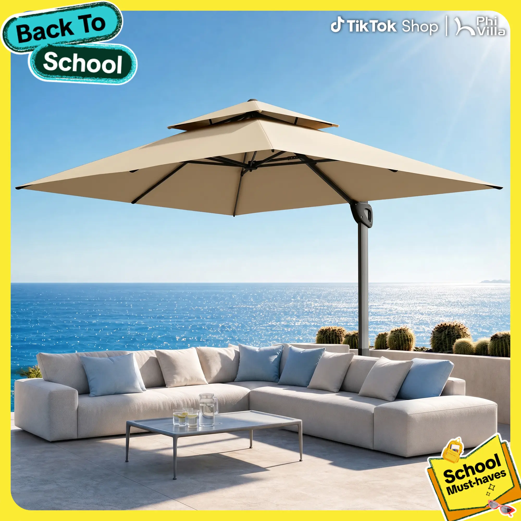 [2-Box] PHI VILLA 10*10ft Cantilever Patio Umbrella with Weighted Base, Square Umbrellas with 360°Rotation, Heavy Duty Hydraulic Design for Dining and Pool Use