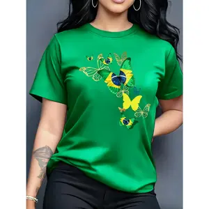 100% Cotton Women's Brazil Flag Butterfly Pattern Printed T-Shirt - Black Background with Bright Green and Gold, Short Sleeve Round Neck Casual Top, Medium Stretch Machine Washable for Spring and Summer Seasons, Comfortable and Non-See-Through Fabric
