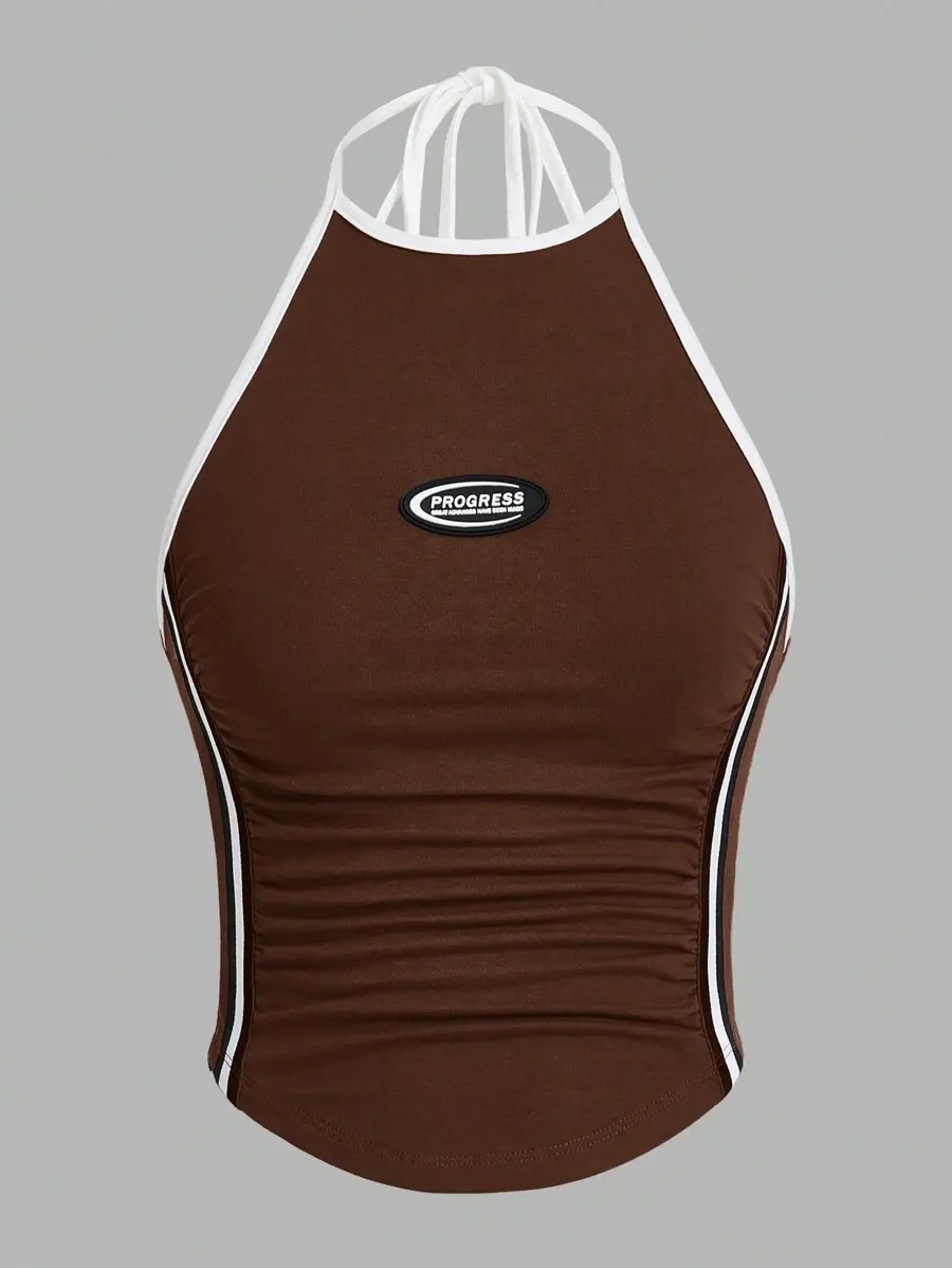 SHEINWomen's Contrast Color Panel Halter Neck Slim Fit Tank Top, Casual Daily Wear