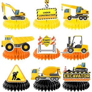 Construction Honeycomb Centerpieces, 9 pcs Construction Party Centerpieces, Construction Truck Honeycomb Centerpieces, Excavator Honeycomb Decoration, for Construction Birthday Party Supplies Decorations