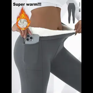 Women's High Waist Fleece Lined Leggings, Side Pockets, Fashion Outdoor Stitching, Sporty Fitness Tight Pants, Must-Have for Running