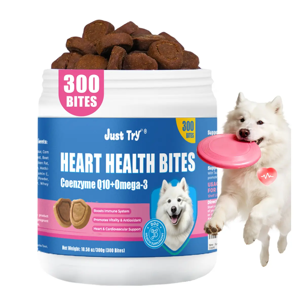 Just Try Coenzyme Q10 Heart Heathy Bites for Dogs | Advanced Q10 & Taurine Supplement for Heart Health - Chicken 300 Bites