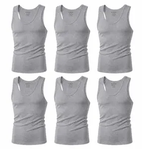 Men’s 100% Cotton Ribbed Tank Tops, Sleeveless Undershirts, Soft Breathable Athletic Vest, Tagless Comfort Fit, Gray