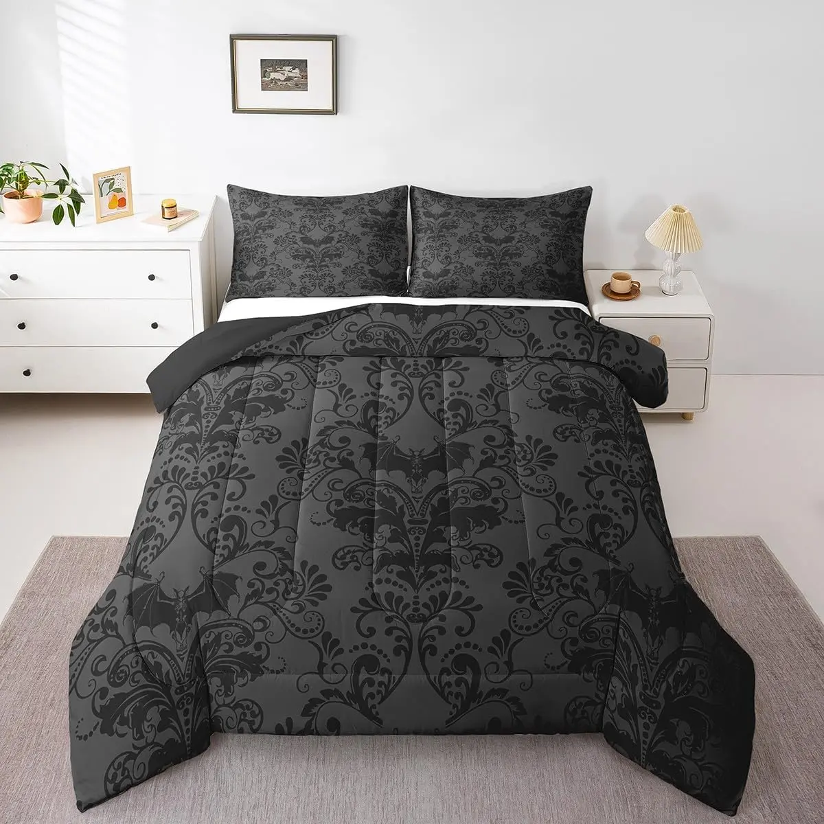 Feelyou Microfibre Decorative Bed Bedding Set - Adult Black Damask Gothic Vintage Floral Queen/King Comforter, Exotic Victorian Baroque Polyester Fiber Duvet Insert, Breathable Machine-Washable Travel-Ready Grey (Multi-Size)