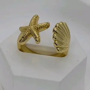 Gold Starfish & Shell Design Open Ring for Women's Fashion Jewelry