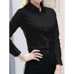 Women'sClassicBlackPolyesterButton-UpShirt-Sleeve,Collared,Semi-Sheer,MachineWashableforSpring/SummerOfficeorCasualWear,OfficeCasualWear|TailoredFit|EasyCareFabric,ElegantSleeveButtonBlouseslong