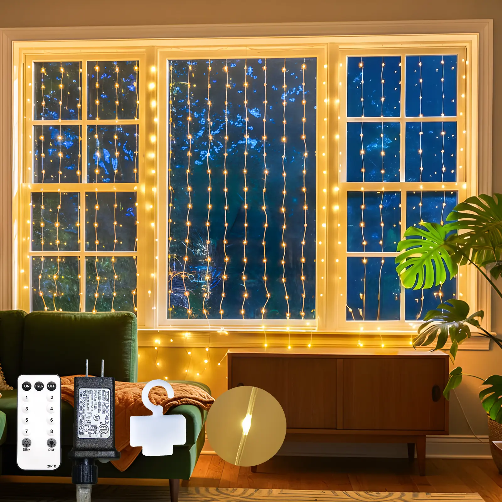 Uddus tangle-free curtain lights, 200 LEDs, 6.5 ft × 6.5 ft hanging lights with hooks; curtain lights for bedroom, Christmas, dorm, wall, backdrop, window, wedding, party, birthday decor; warm white
