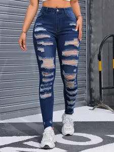 Trendy Ripped Holes Skinny Jeans for Women, Slim Fit High Waist Street Style Denim Pants