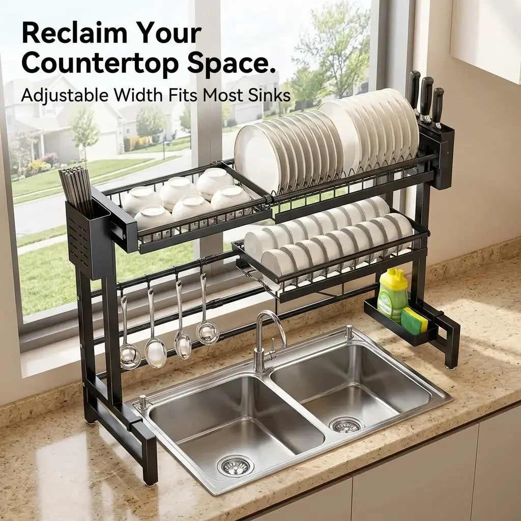 Black Metal Adjustable 2-Tier Multi-Shelf Organizer with 4 Widened Baskets - Expandable, Dustproof, Space-Saving Kitchen Sink Storage with Dish Rack, Draining Boards, Drainage Tray, Spice Shelf, Towel Holder for Dishes, Utensils | Home Organizer Accessory