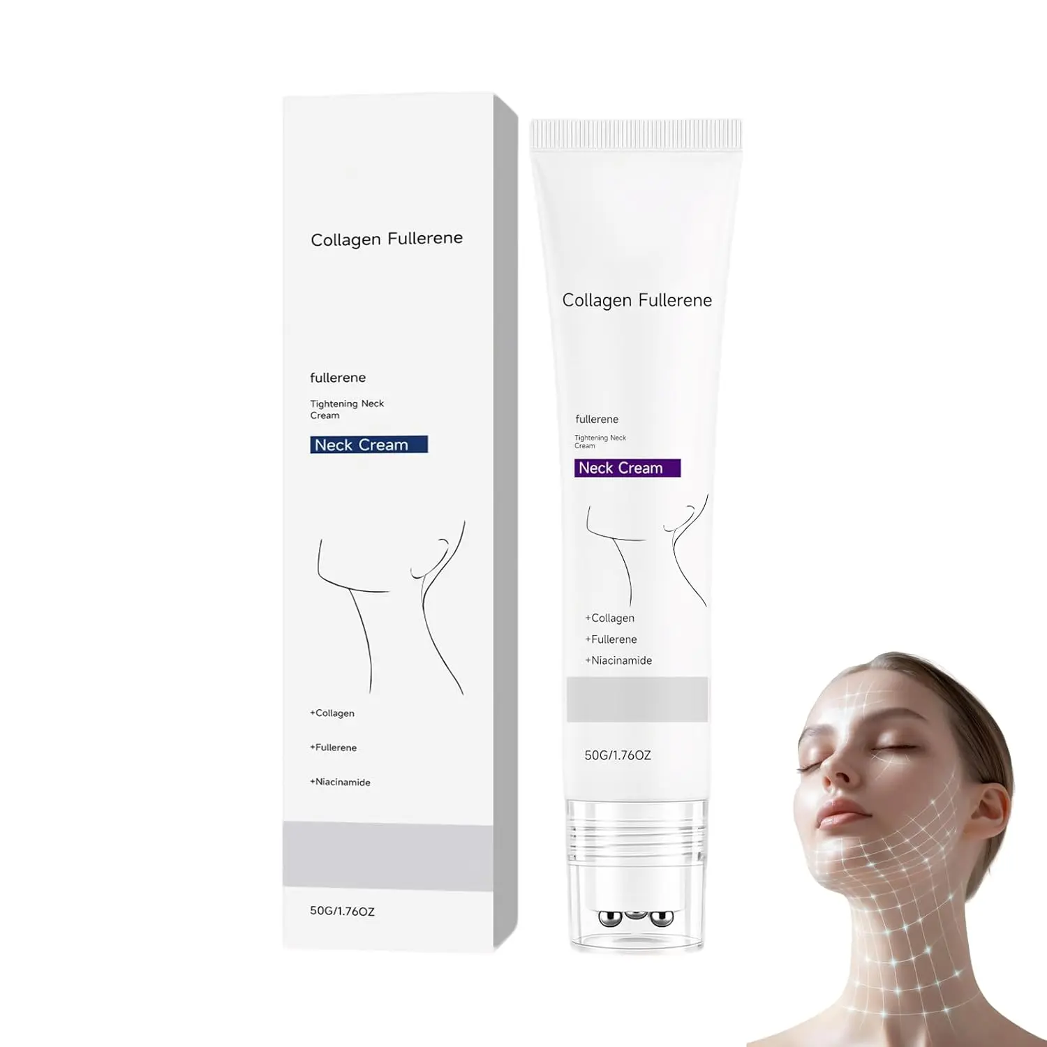 Magic Collagen Fullerene Neck Cream, Five Rollers for All Around, for Smooths, Hydrating and Moisturizing, Lightweight Neck Care Cream for Women
