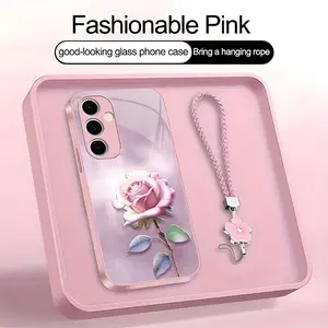 Suitable for [Galaxy S24 Fe] high-end women's phone case🤩，a beautiful four-leaf clover lanyard is included🍀，various pink rose patterns, exquisite and high-end YM99