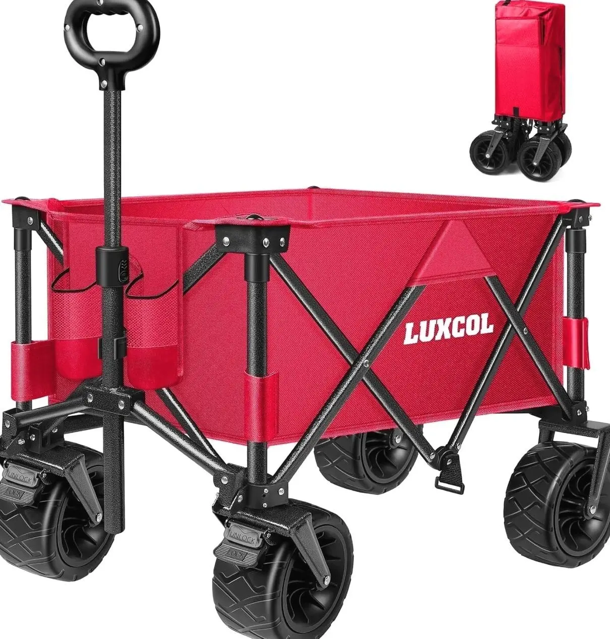 UPGO 200L Collapsible Foldable Wagon with 350lbs Weight Capacity, Heavy Duty Folding Utility Garden Cart with Big All-Terrain Beach Wheels & Drink Holders