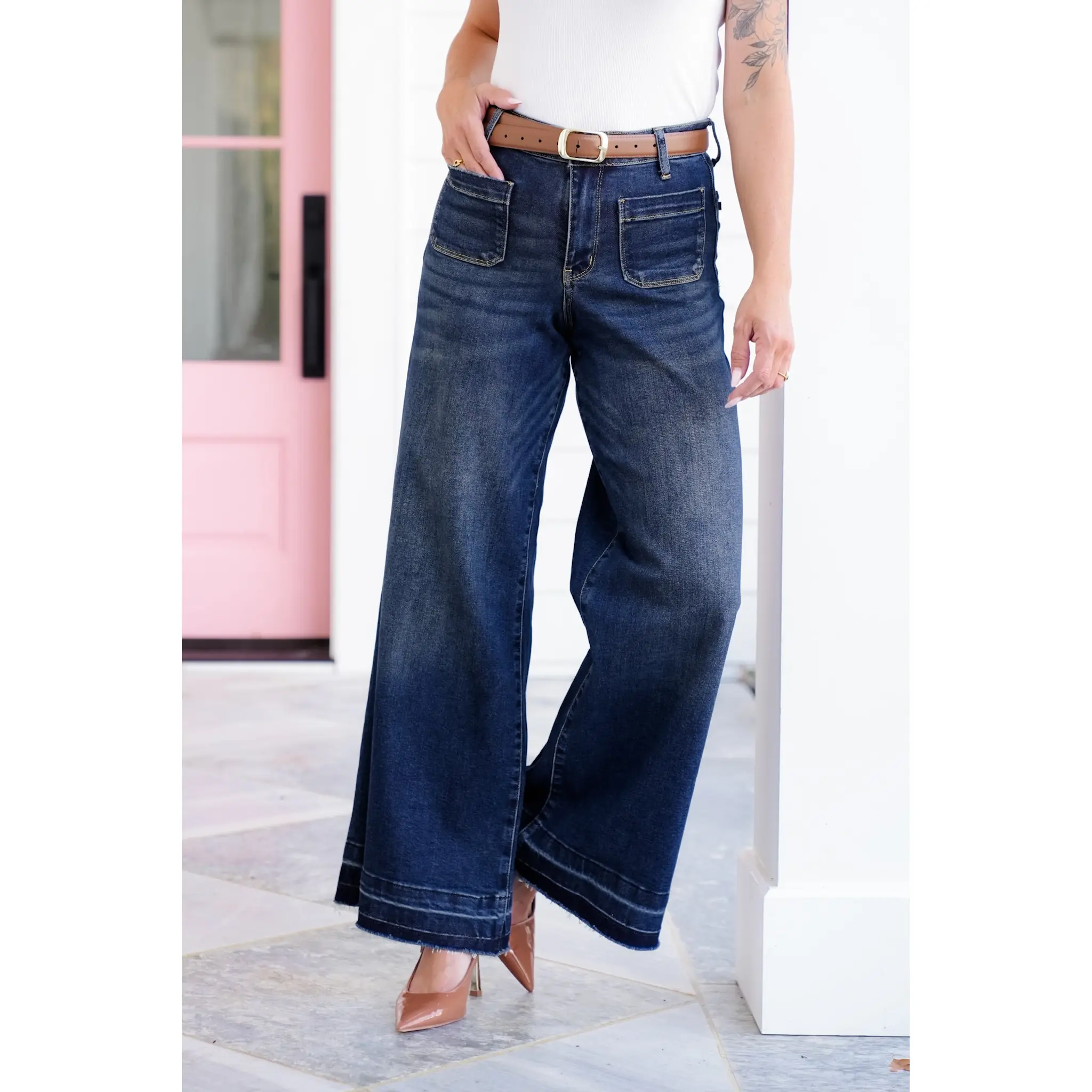 Judy Blue High Rise Dark Wash Palazzo Jeans with Front Patch Pockets