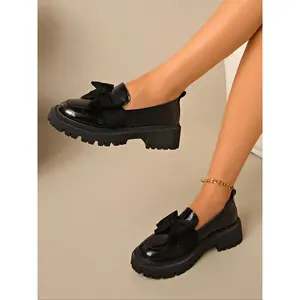 Patent Leather Thick Sole Loafers, Shiny Smooth Surface, Classic Style with Large Bow, Sweet & Cute Design, PU Leather LoafersRAIMENTRY