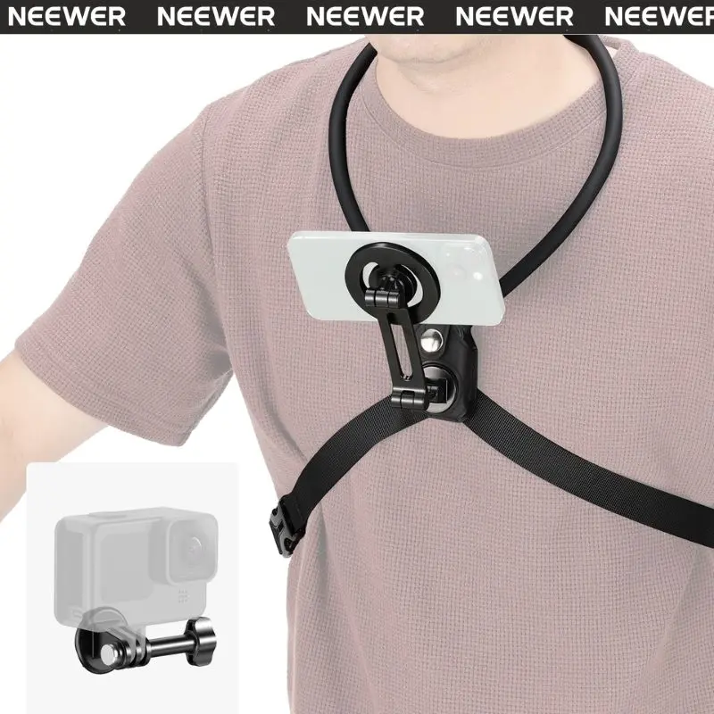 NEEWER GP26 Magnetic Neck Holder for Action Camera & Phone, Hands Free Neck Mount with Chest Strap Compatible with GoPro DJI Insta360 iPhone, Neck Phone Holder for POV Vlog Video Recording