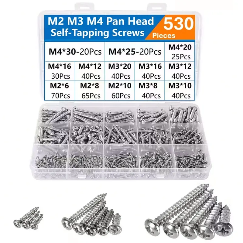 530pcs M2, M3, M4 Cross Head Self-Tapping Wood Screws, 13 Sizes of Round Head Screws, Assorted Screw Set, Wood Screws Assortment Kit, Woodworking Tools, Stainless Steel Screws