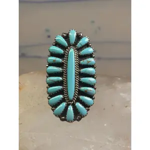 Zuni needlepoint ring turquoise Size 8.25  long full finger sterling silver vintage 1940's women