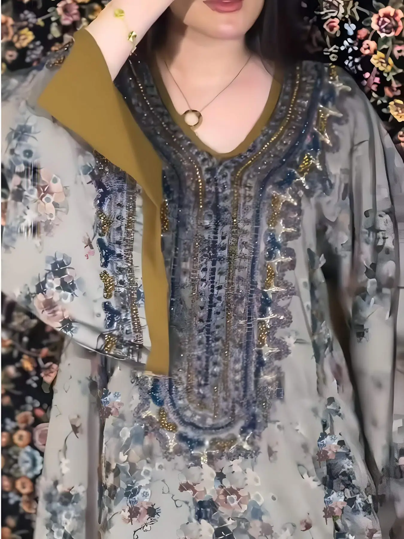 Women's Floral Print Beaded Embroidery Dress, Fashion Long Sleeve V Neck Long Dress for Daily Holiday Vacation Wear, Holiday Dresses, Ladies Islamic D