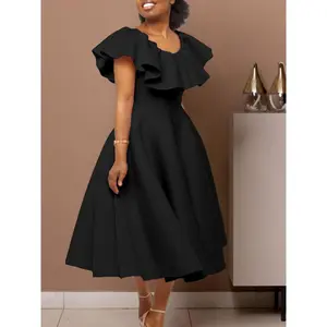 D3329 2025 Black Ruffled Square Neck Flared Midi Dress Women's Elegant Formal Party Cocktail Dress for Summer Womenswear