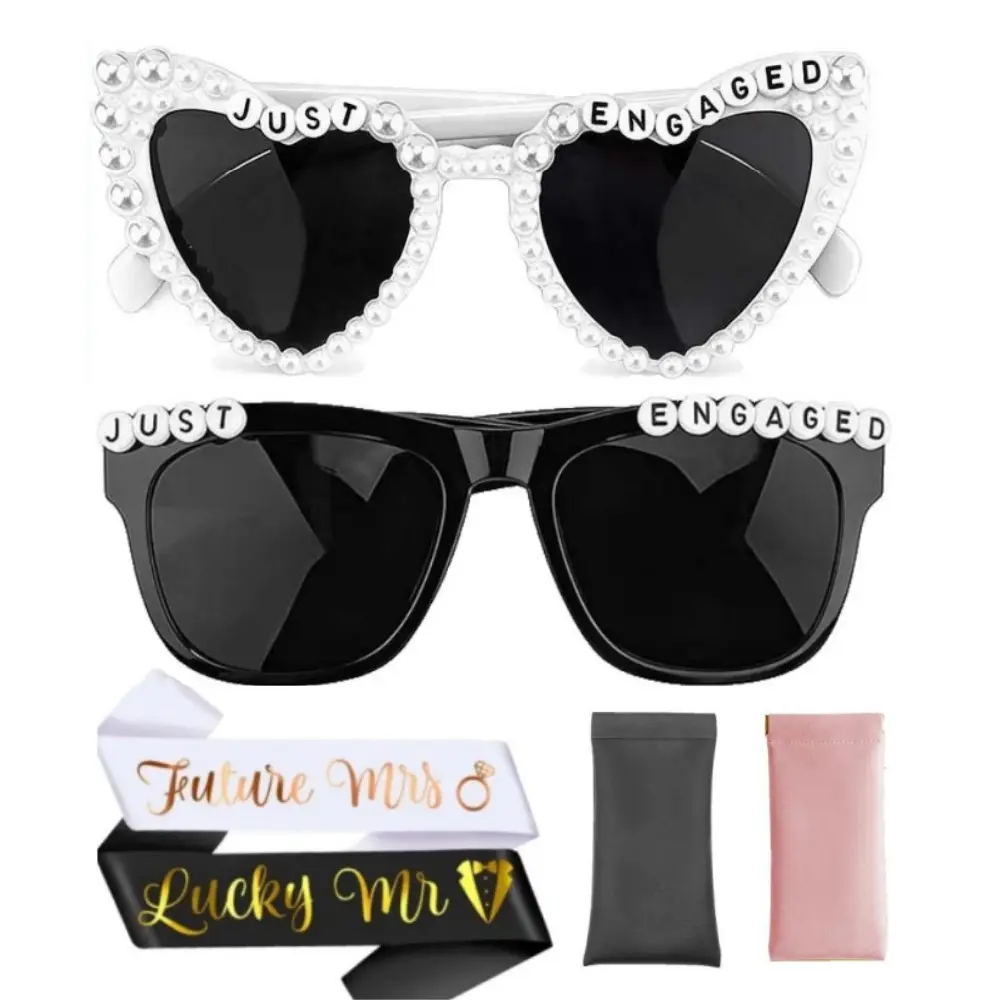 5Pcs Just Married Sunglasses, Women's Heart Sun Glasses Bride Gifts | Bridal White Glasses, Wedding Bridesmaids Vintage Pearl Sunglasses, Bachelorette Party Decorations