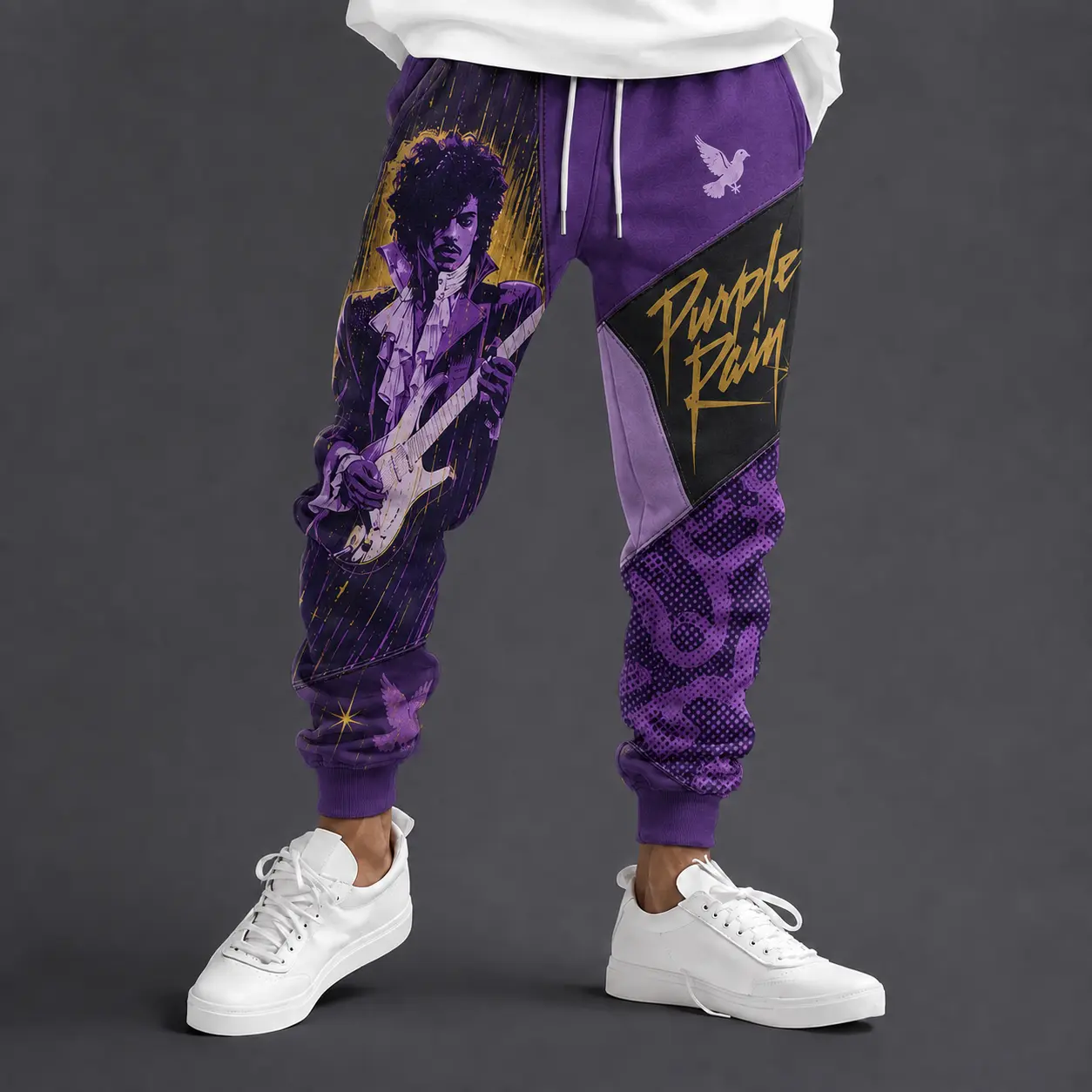 Prince Purple Rain Sweatpants | 80s Pop Music Fan Apparel | Color Block Patchwork Joggers | Retro Graphic Pants