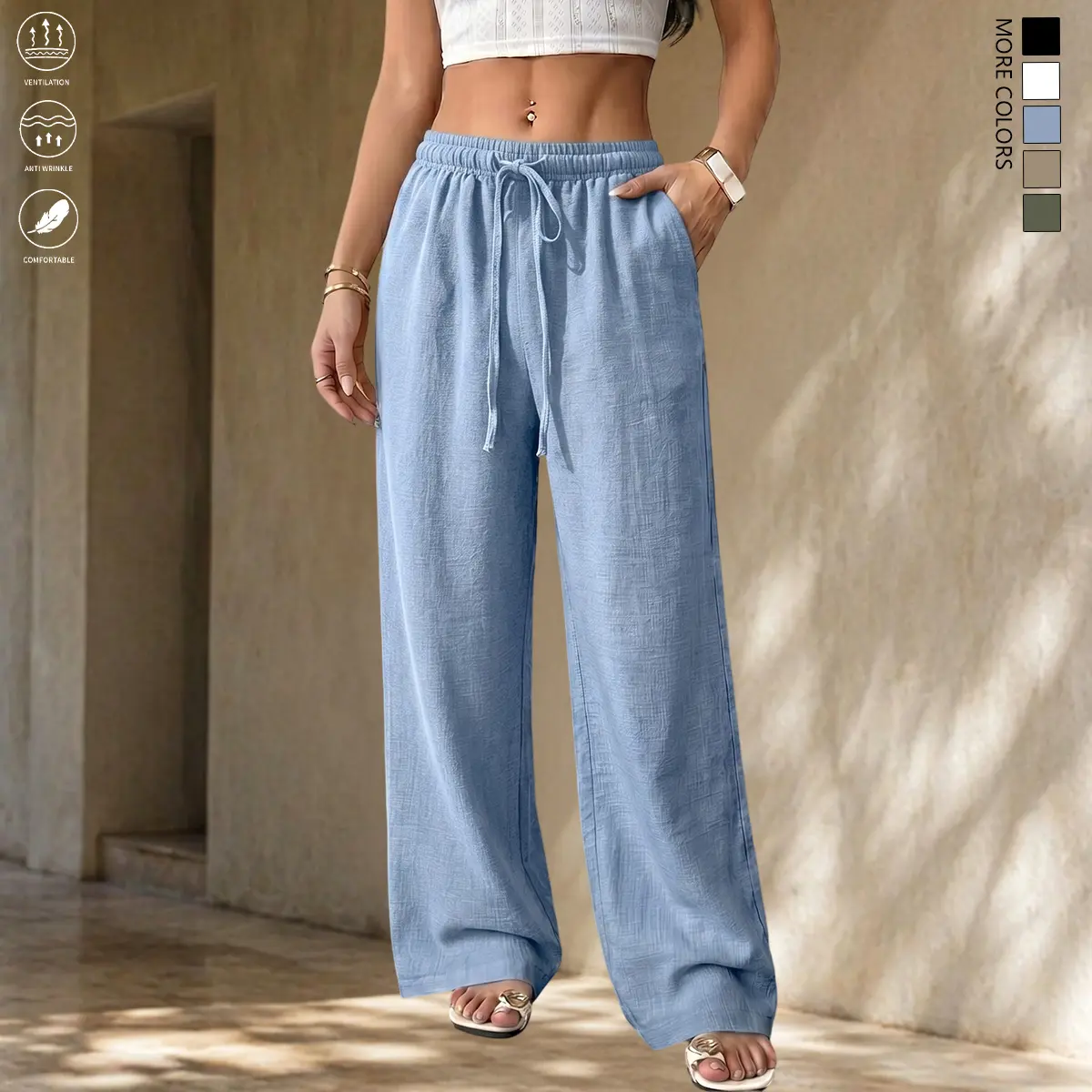 Women's Solid Straight Leg Pants in Textured Woven Polyester, Casual Oversize Fit with a Drawstring Waist and Pockets, Textured Woven Fabric, Baggy, Lady, Athletic, Plain, Full Length