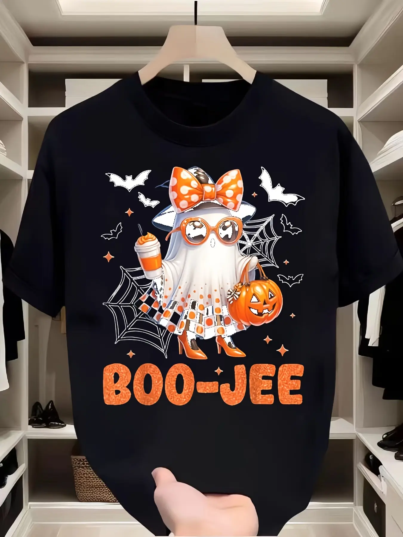 Boo-Jee Polka Dot Bow Heels Ghost Pumpkin Coffee Bat Web Halloween Unisex Crew Neck T-Shirt