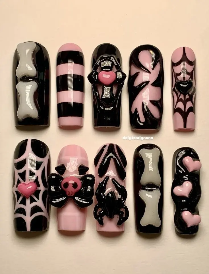Premium Medium-Long Square Press-On Nails - Creepy Cute Gothic Pink Spiderweb Custom Reusable Full Set for Nail Art Decoration