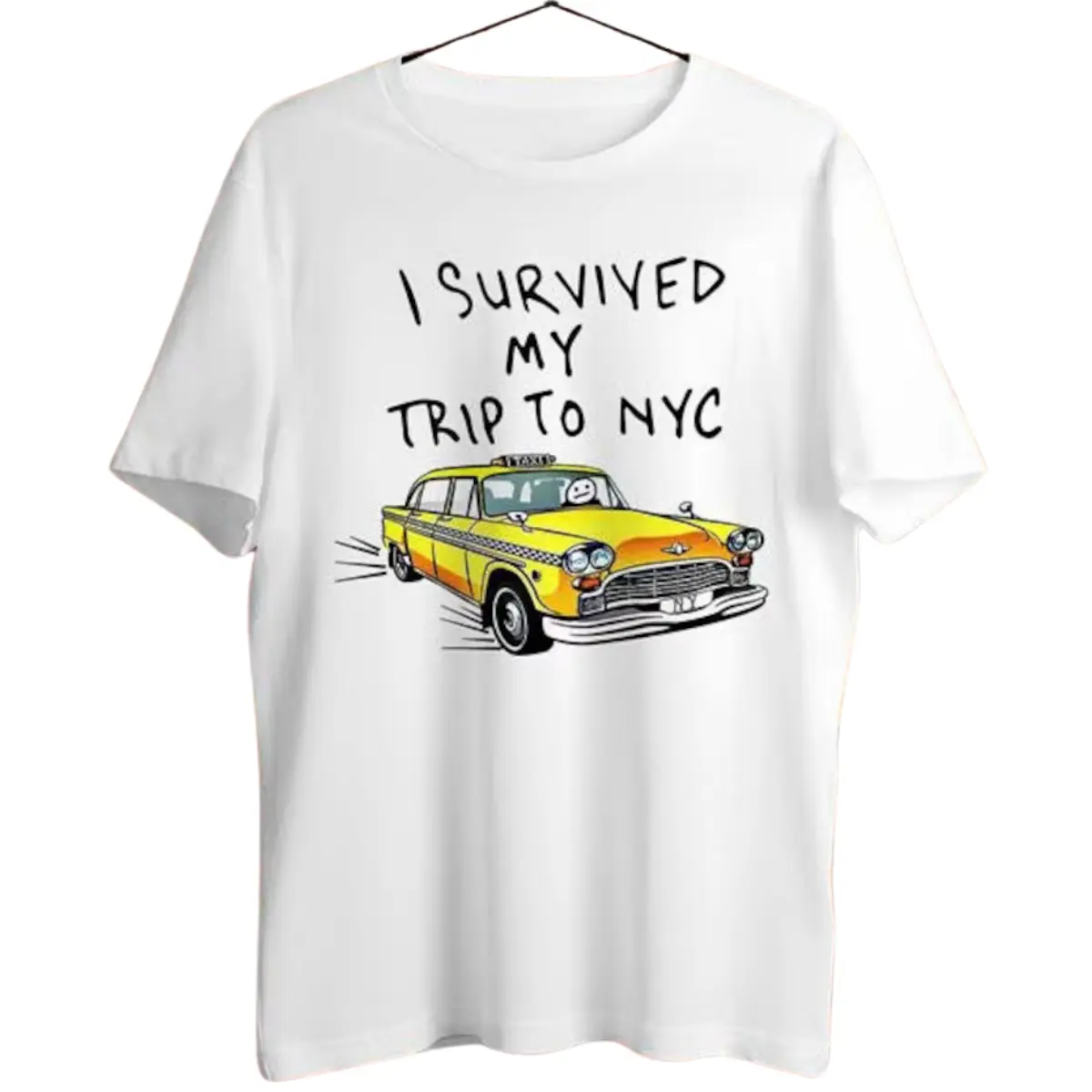 Unisex Soft Cotton Shortsleeve T-Shirt - C "I Survived My Trip" Spider Tom Graphic, Yellow Taxi Movie Theme, Breathable Menswear Sweat Fabric, Oversize/Cropped Options, Comfortable Daily Streetwear, Ideal Gift