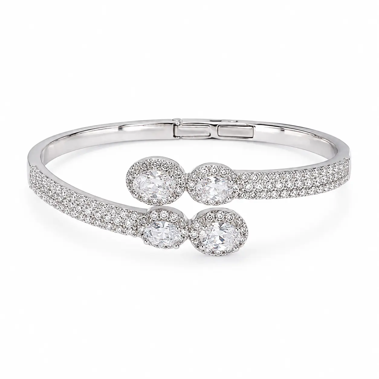 Women's Silver-Tone Double-Row Alloy Bangle Bracelet with 4 Oval Halo Clear Artificial Gemstone Accents, Fashion Jewelry Accessory